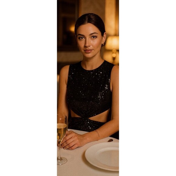 Mac Duggal Sequin Front Twist Cut Out Midi Sheath Dress Black 2 New With Tags - Picture 5 of 13